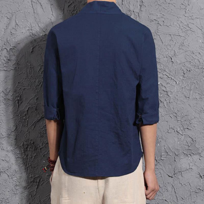 Chemise décontractée à manches trois-quarts et col en V avec Buddha Stones en coton et lin pour homme - image 12