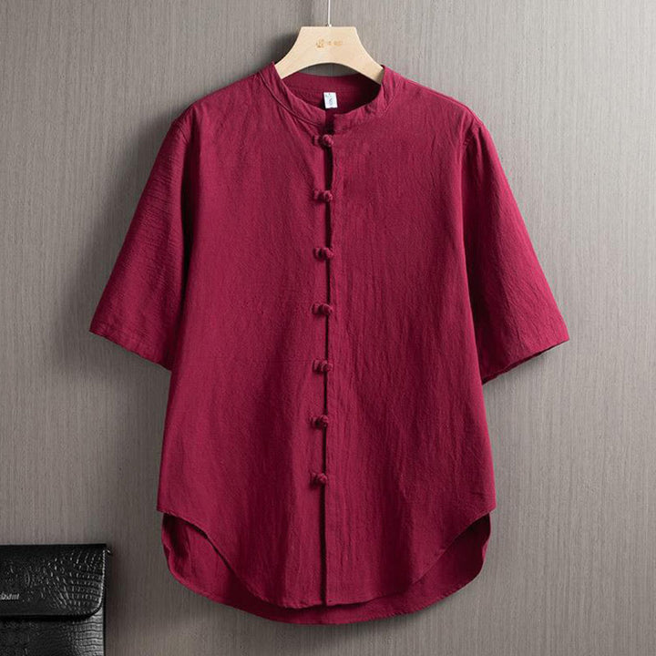 Chemise à manches courtes en coton et lin pour homme, costume chinois uni à boutons de grenouille avec Buddha Stones - Rouge indien - US/UK/AU46，EU56 (5XL) - image 1