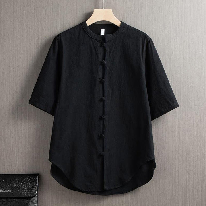 Chemise à manches courtes en coton et lin pour homme, costume chinois uni à boutons de grenouille avec Buddha Stones - Noir - US/UK/AU46，EU56 (5XL) - image 5