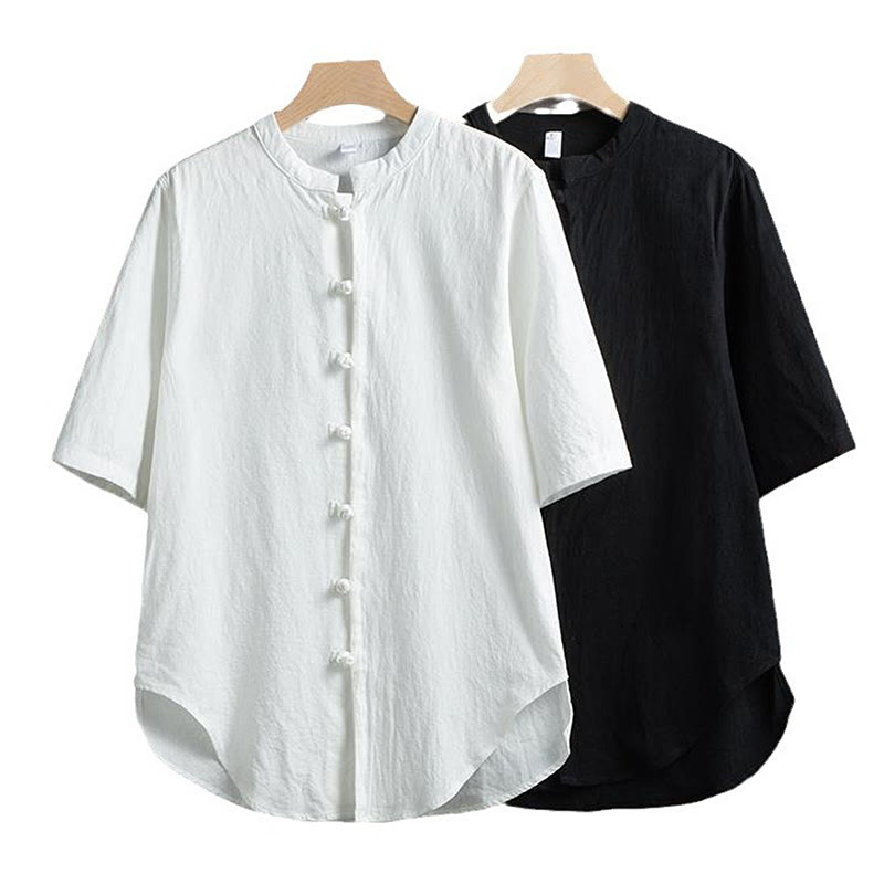 Chemise à manches courtes en coton et lin pour homme, costume chinois uni à boutons de grenouille avec Buddha Stones - image 7