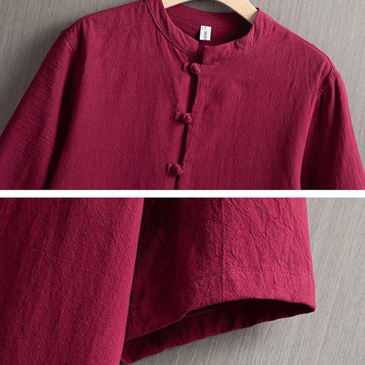 Chemise à manches courtes en coton et lin pour homme, costume chinois uni à boutons de grenouille avec Buddha Stones - image 3