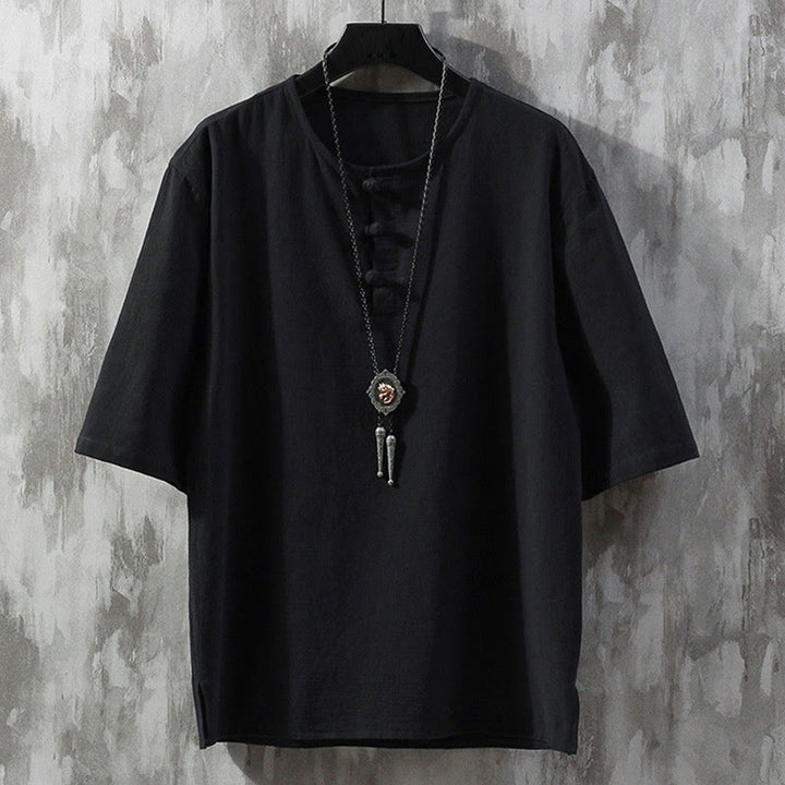 Chemise à manches courtes en lin pour homme, couleur unie, boutons de grenouille, Buddha Stones , costume chinois Tang - Noir - US/UK/AU46，EU56 (5XL)  - image 5
