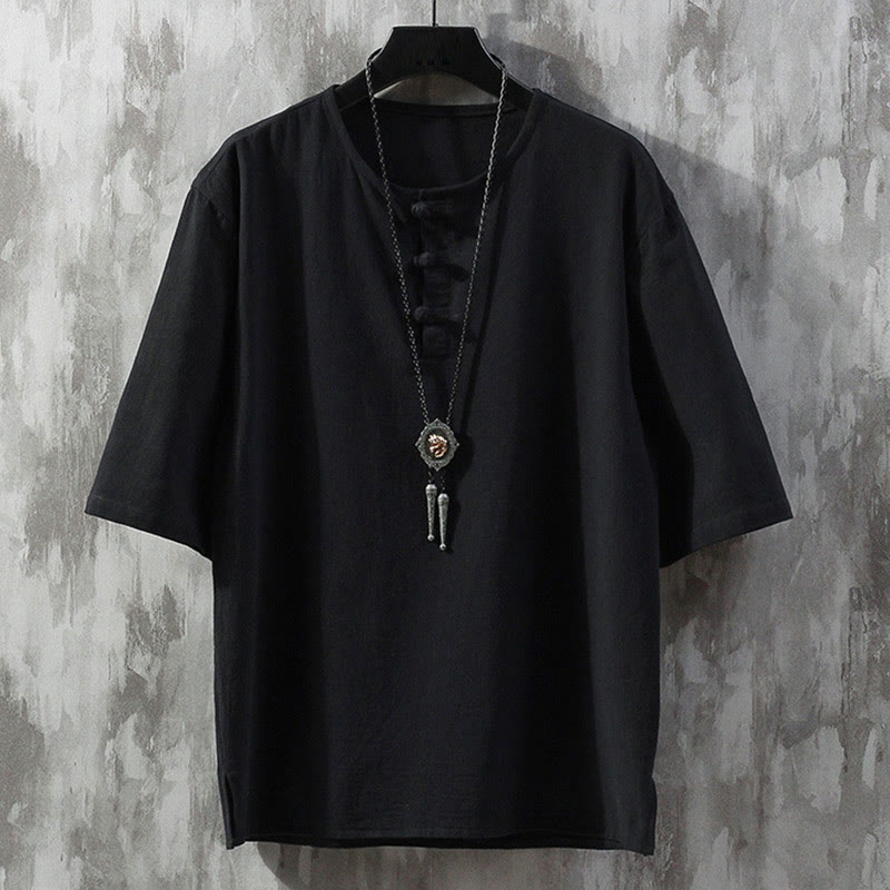 Chemise chinoise Tang unie à manches courtes et boutons grenouille, ornée de Buddha Stones - Noir - US/UK/AU46，EU56 (5XL)  - image 4