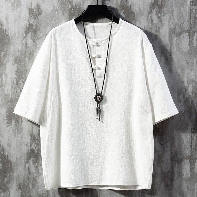 Chemise à manches courtes en lin pour homme, couleur unie, boutons de grenouille, Buddha Stones , costume chinois Tang - Blanc - US/UK/AU46，EU56 (5XL)  - image 1