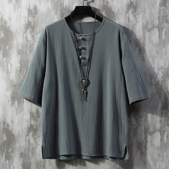 Chemise à manches courtes en lin pour homme, couleur unie, boutons de grenouille, Buddha Stones , costume chinois Tang - Gris ardoise clair - US/UK/AU46，EU56 (5XL)  - image 0