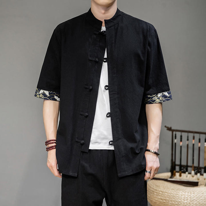 Veste de costume chinois Tang à boutons de grenouille avec Buddha Stones et demi-manches en lin pour homme