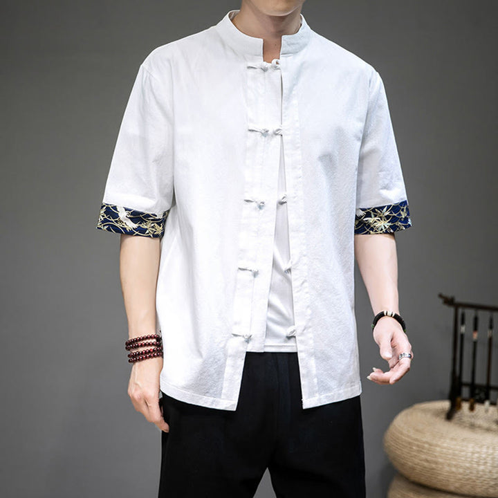 Veste de costume chinois Tang à boutons de grenouille avec Buddha Stones et demi-manches en lin pour homme