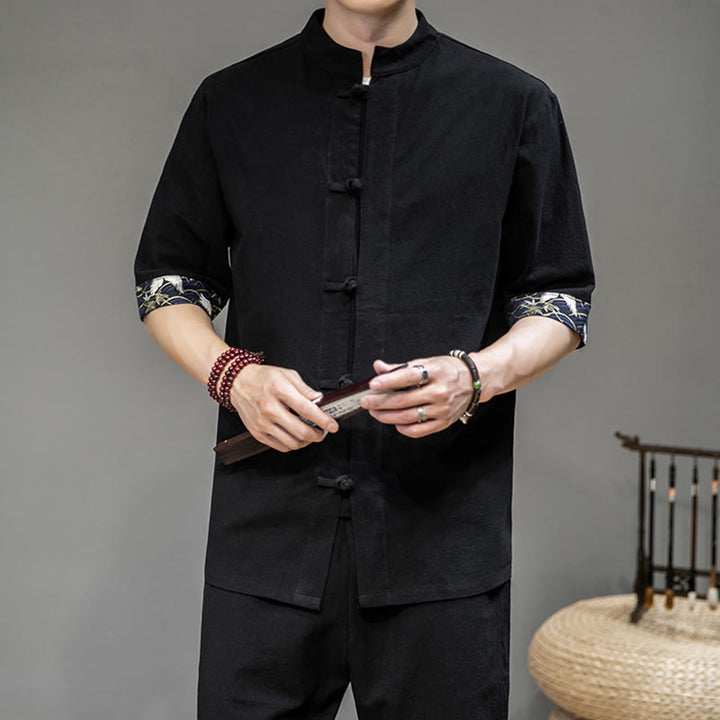 Veste de costume chinois Tang à boutons de grenouille avec Buddha Stones et demi-manches en lin pour homme
