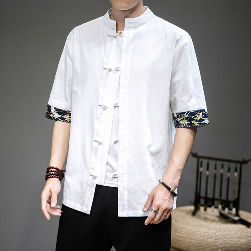 Chemise chinoise Tang à manches mi-longues et boutons de grenouille, motif Buddha Stones , en lin, pour homme - Blanc - US/UK/AU46，EU56 (5XL) - image 0