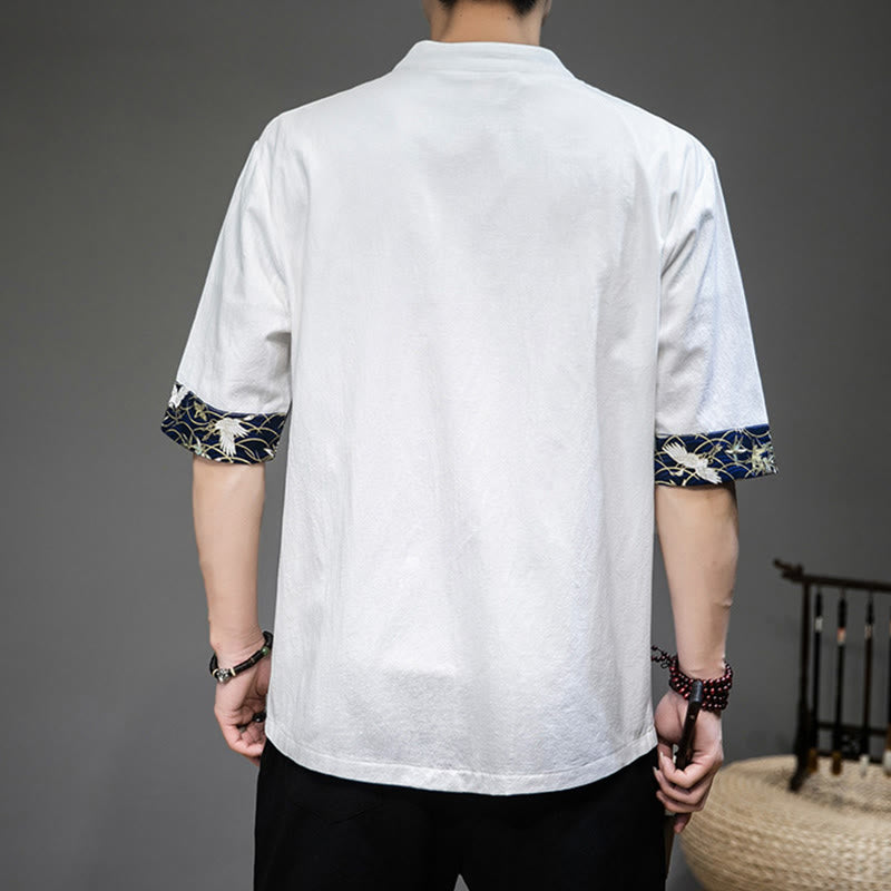 Chemise chinoise Tang à manches mi-longues et boutons de grenouille, motif Buddha Stones , en lin, pour homme - image 1