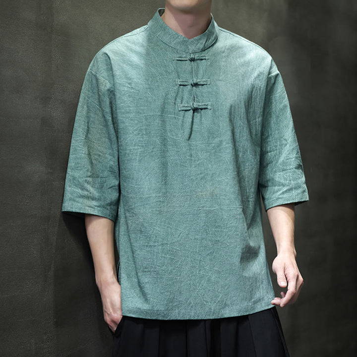 Chemise en coton et lin à manches mi-longues pour homme avec boutons de grenouille et Buddha Stones - Aigue-marine moyenne - US/UK/AU46，EU56 (5XL)  - image 5