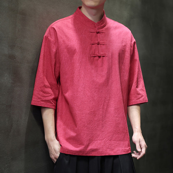 Chemise en coton et lin à manches mi-longues pour homme avec boutons de grenouille et Buddha Stones - Saumon - US/UK/AU46，EU56 (5XL)  - image 12