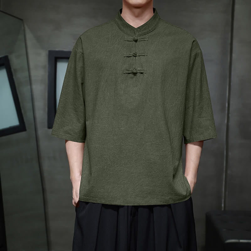 Chemise en coton et lin à manches mi-longues pour homme avec boutons de grenouille et Buddha Stones - Vert olive foncé - US/UK/AU46，EU56 (5XL)  - image 0