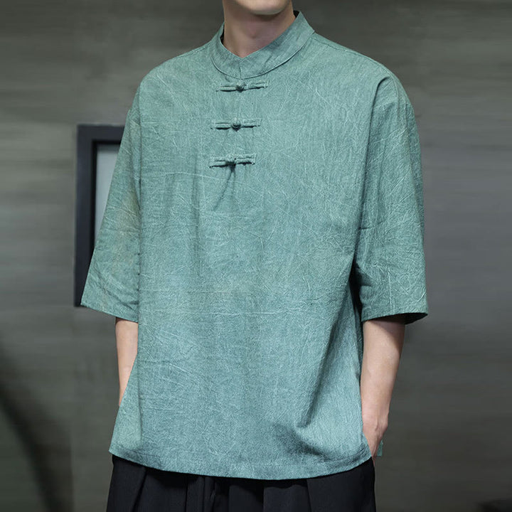 Chemise en coton et lin à manches mi-longues pour homme avec boutons de grenouille et Buddha Stones - image 10