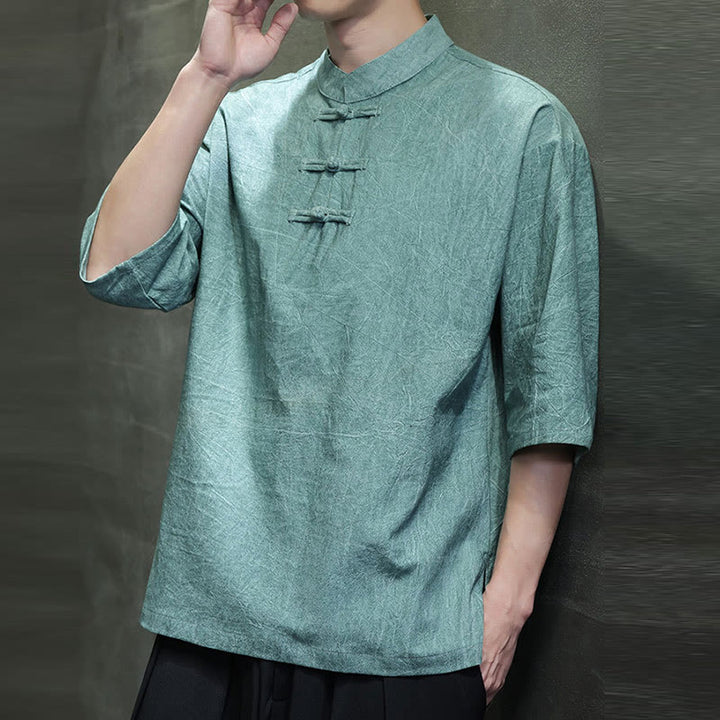 Chemise en coton et lin à manches mi-longues pour homme avec boutons de grenouille et Buddha Stones - image 9