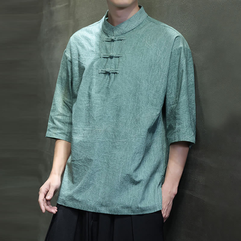 Chemise en coton et lin à manches mi-longues pour homme avec boutons de grenouille et Buddha Stones - image 11