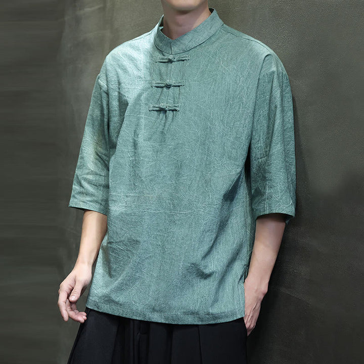 Chemise en coton et lin à manches mi-longues pour homme avec boutons de grenouille et Buddha Stones - image 11