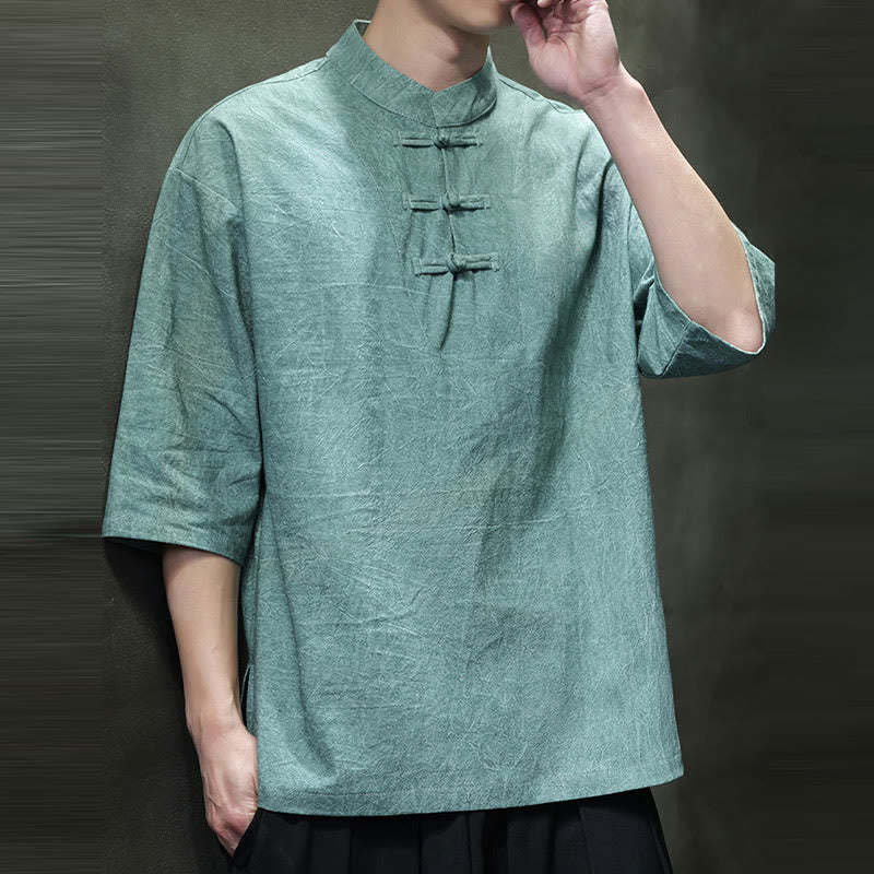 Chemise en coton et lin à manches mi-longues pour homme avec boutons de grenouille et Buddha Stones - image 8