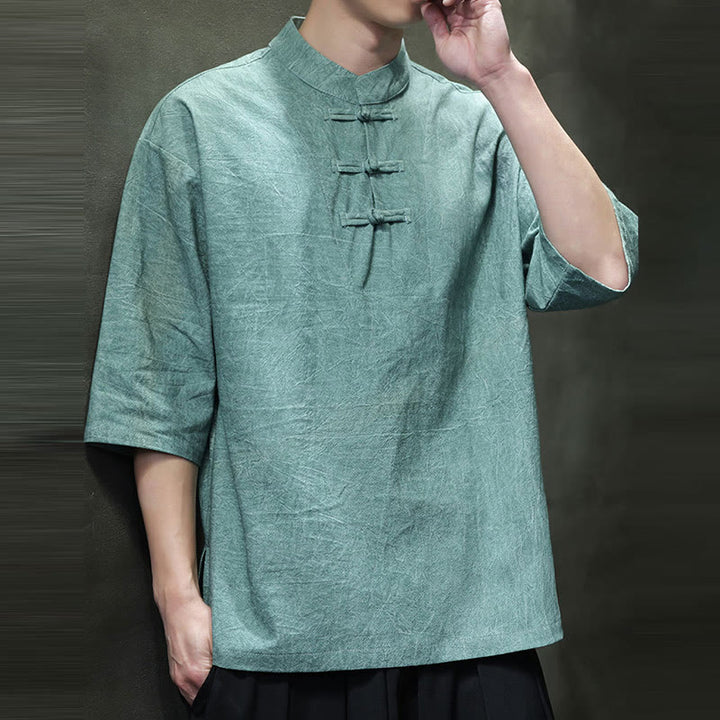 Chemise en coton et lin à manches mi-longues pour homme avec boutons de grenouille et Buddha Stones - image 8