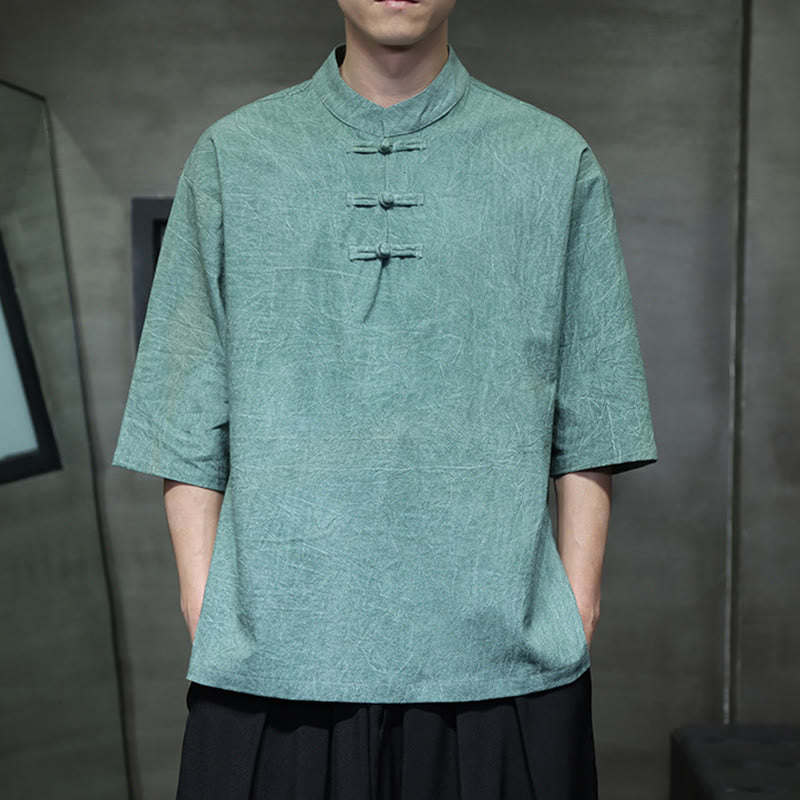 Chemise en coton et lin à manches mi-longues pour homme avec boutons de grenouille et Buddha Stones - image 6