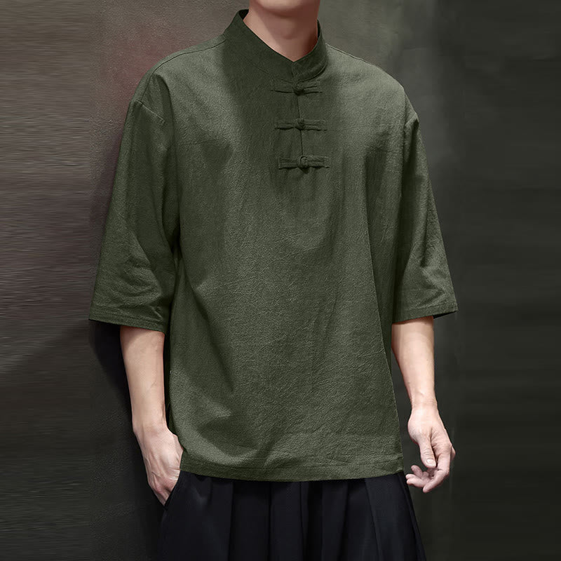 Chemise en coton et lin à manches mi-longues pour homme avec boutons de grenouille et Buddha Stones - image 1
