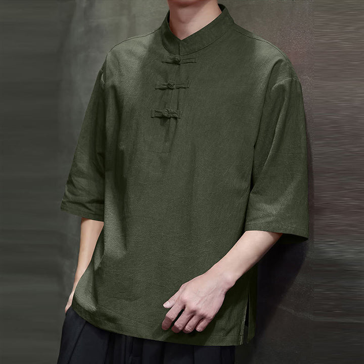 Chemise en coton et lin à manches mi-longues pour homme avec boutons de grenouille et Buddha Stones - image 3