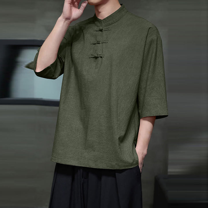 Chemise en coton et lin à manches mi-longues pour homme avec boutons de grenouille et Buddha Stones - image 2