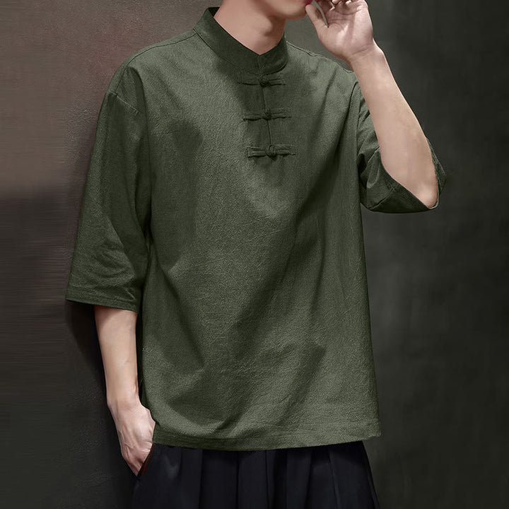 Chemise en coton et lin à manches mi-longues pour homme avec boutons de grenouille et Buddha Stones - image 4