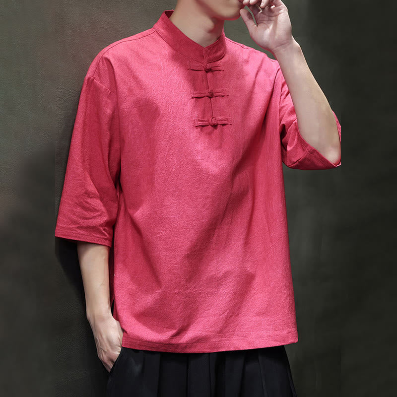 Chemise en coton et lin à manches mi-longues pour homme avec boutons de grenouille et Buddha Stones - image 19