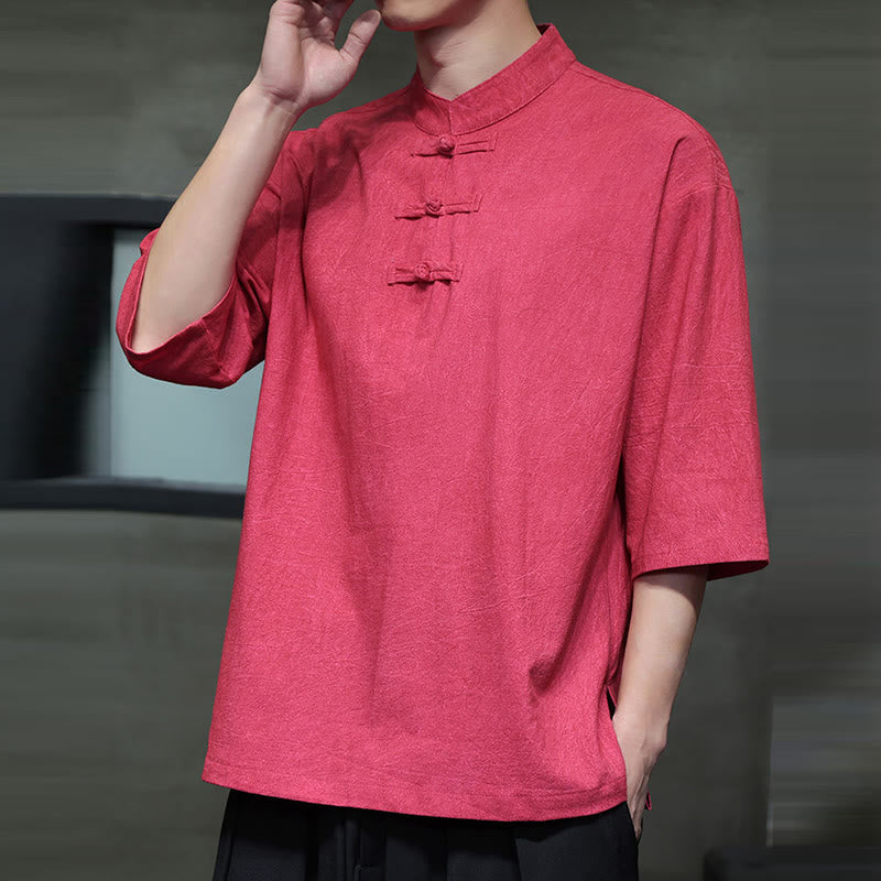 Chemise en coton et lin à manches mi-longues pour homme avec boutons de grenouille et Buddha Stones - image 17