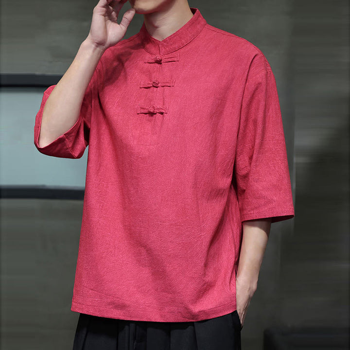 Chemise en coton et lin à manches mi-longues pour homme avec boutons de grenouille et Buddha Stones - image 18