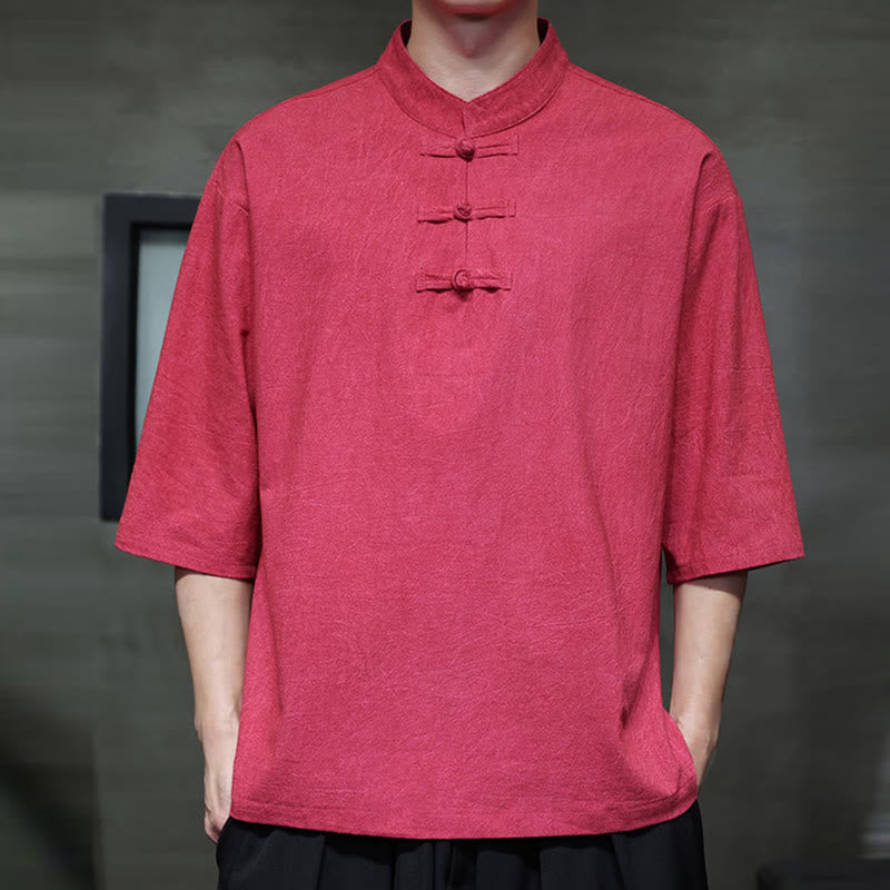 Chemise en coton et lin à manches mi-longues pour homme avec boutons de grenouille et Buddha Stones - image 13