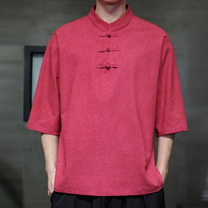 Chemise en coton et lin à manches mi-longues pour homme avec boutons de grenouille et Buddha Stones - image 13