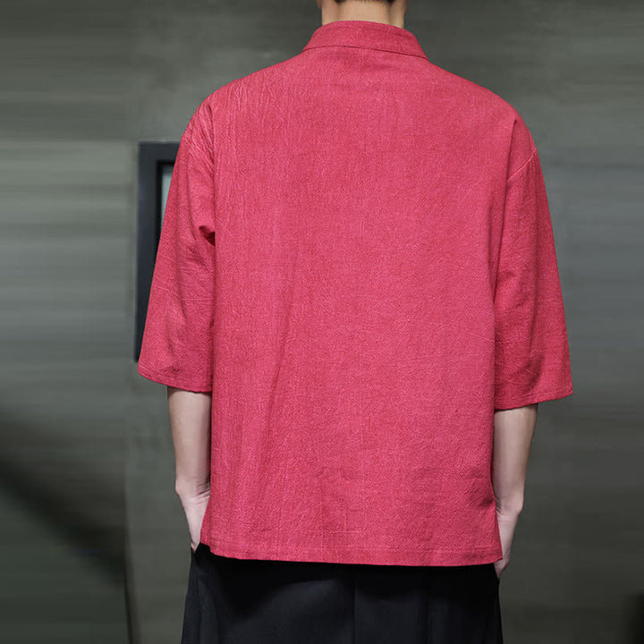 Chemise en coton et lin à manches mi-longues pour homme avec boutons de grenouille et Buddha Stones - image 14