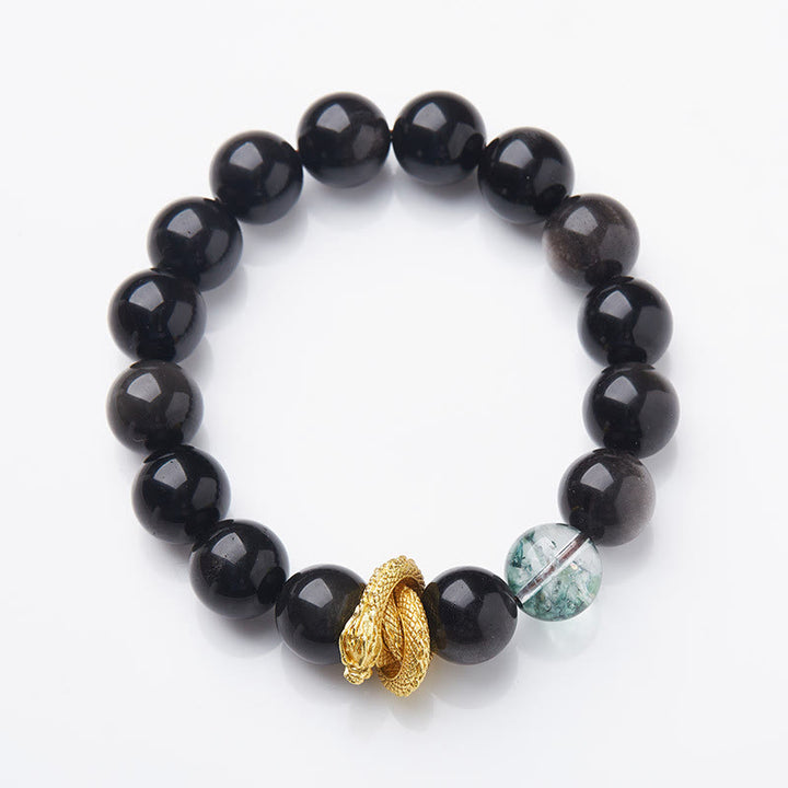 Bracelet de protection fantôme vert dragon en obsidienne naturelle argentée et brillante de Buddha Stones