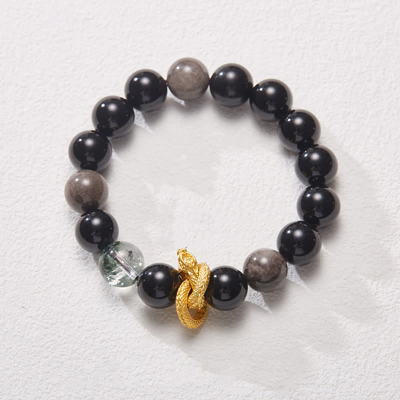 Bracelet de protection fantôme vert dragon en obsidienne naturelle argentée et brillante de Buddha Stones