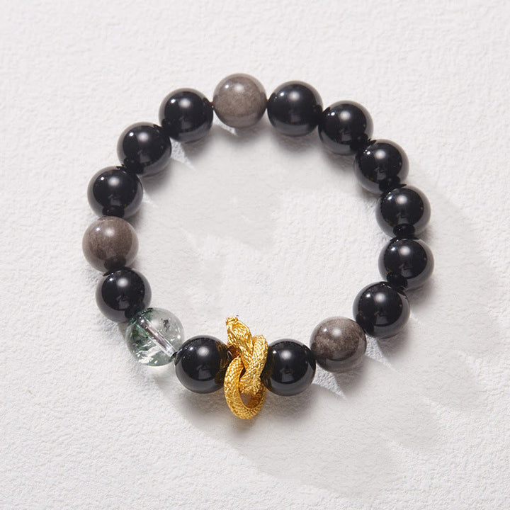 Bracelet de protection fantôme vert dragon en obsidienne naturelle argentée et brillante de Buddha Stones
