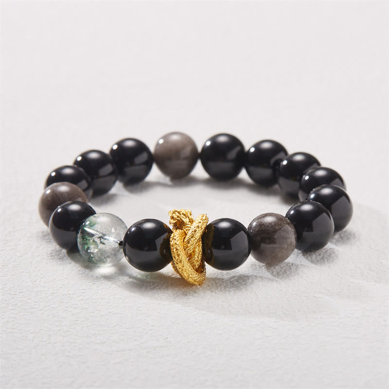Bracelet de protection fantôme vert dragon en obsidienne naturelle argentée et brillante de Buddha Stones