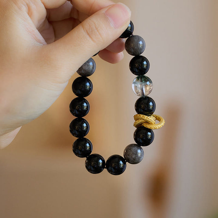 Bracelet de protection fantôme vert dragon en obsidienne naturelle argentée et brillante de Buddha Stones