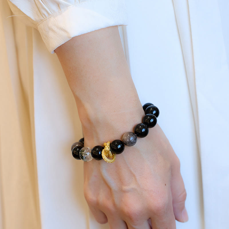 Bracelet de protection fantôme vert dragon en obsidienne naturelle argentée et brillante de Buddha Stones