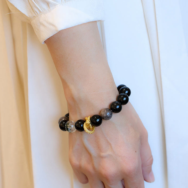 Bracelet de protection fantôme vert dragon en obsidienne naturelle argentée et brillante de Buddha Stones