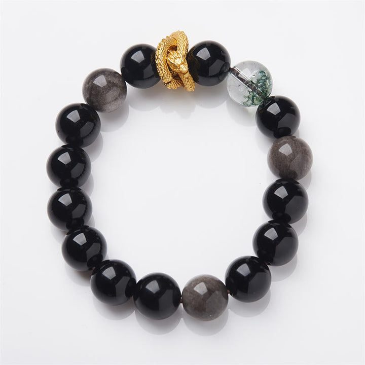 Bracelet de protection fantôme vert dragon en obsidienne naturelle argentée et brillante de Buddha Stones