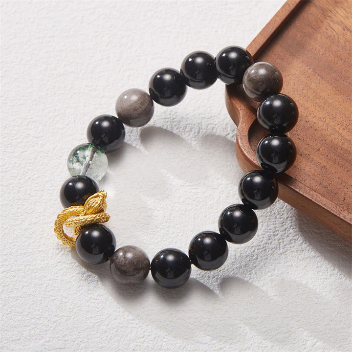 Bracelet de protection fantôme vert dragon en obsidienne naturelle argentée et brillante de Buddha Stones