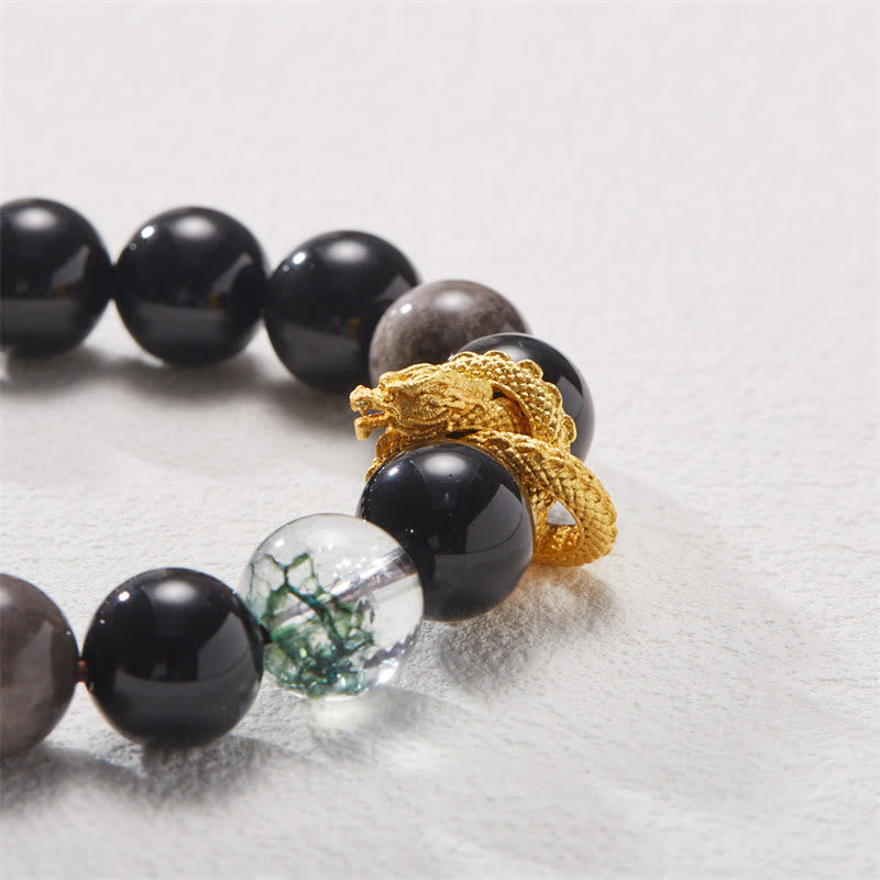 Bracelet de protection fantôme vert dragon en obsidienne naturelle argentée et brillante de Buddha Stones