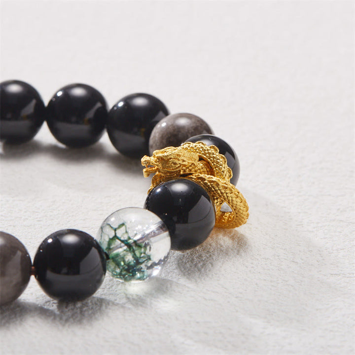 Bracelet de protection fantôme vert dragon en obsidienne naturelle argentée et brillante de Buddha Stones