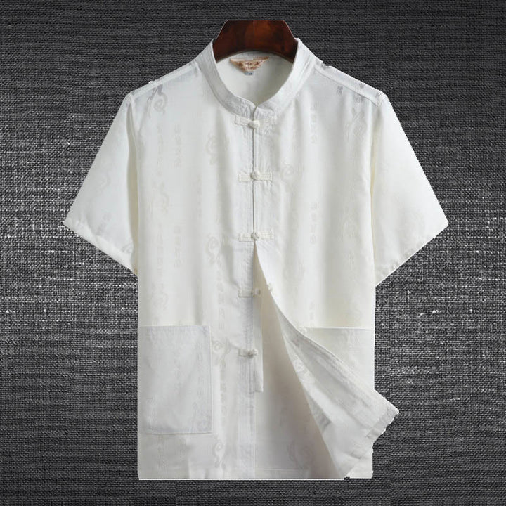 Chemise à manches courtes en lin avec poches et boutons en forme de grenouille et de Buddha Stones - Blanc - Personnage de Fu - US/UK/AU46，EU56 (4XL)  - image 3