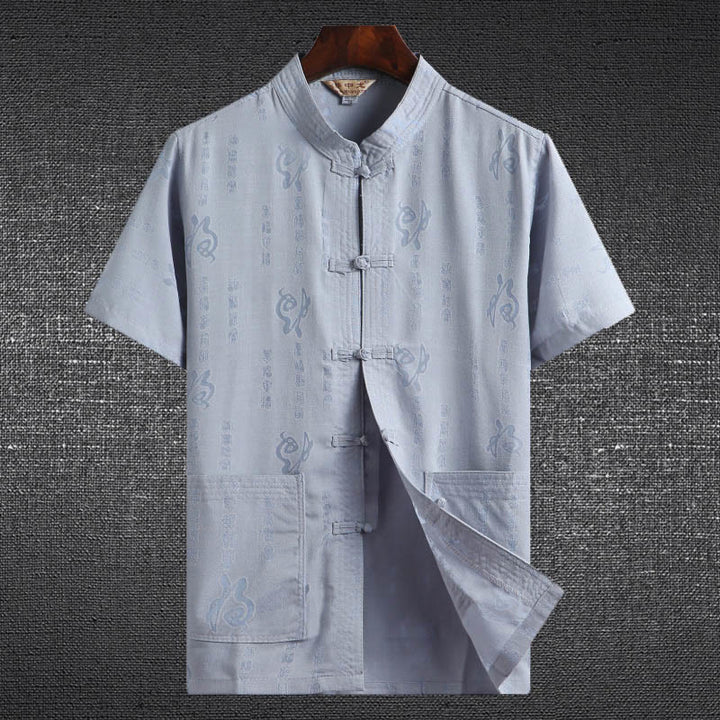 Chemise à manches courtes en lin avec poches et boutons en forme de grenouille et de Buddha Stones - Bleu clair - Personnage Fu - US/UK/AU46，EU56 (4XL)  - image 2