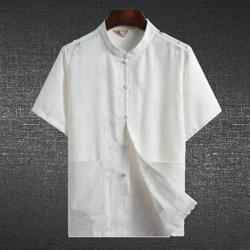 Chemise à manches courtes en lin avec poches et boutons en forme de grenouille et de Buddha Stones - Blanc - Personnage Fu - US/UK/AU46，EU56 (4XL)  - image 3