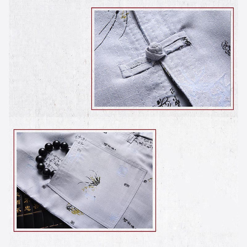 Chemise à manches courtes en lin avec poches et boutons en forme de grenouille et de Buddha Stones - image 12