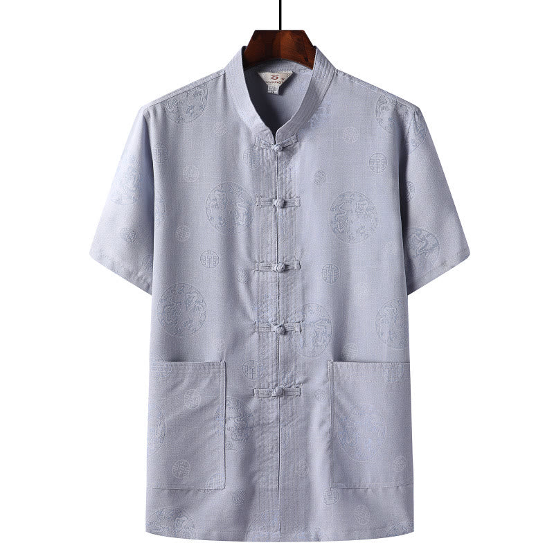 Chemise à manches courtes en lin avec poches et boutons en forme de grenouille et de Buddha Stones - Bleu clair - Dragon - US/UK/AU46，EU56 (4XL)  - image 7